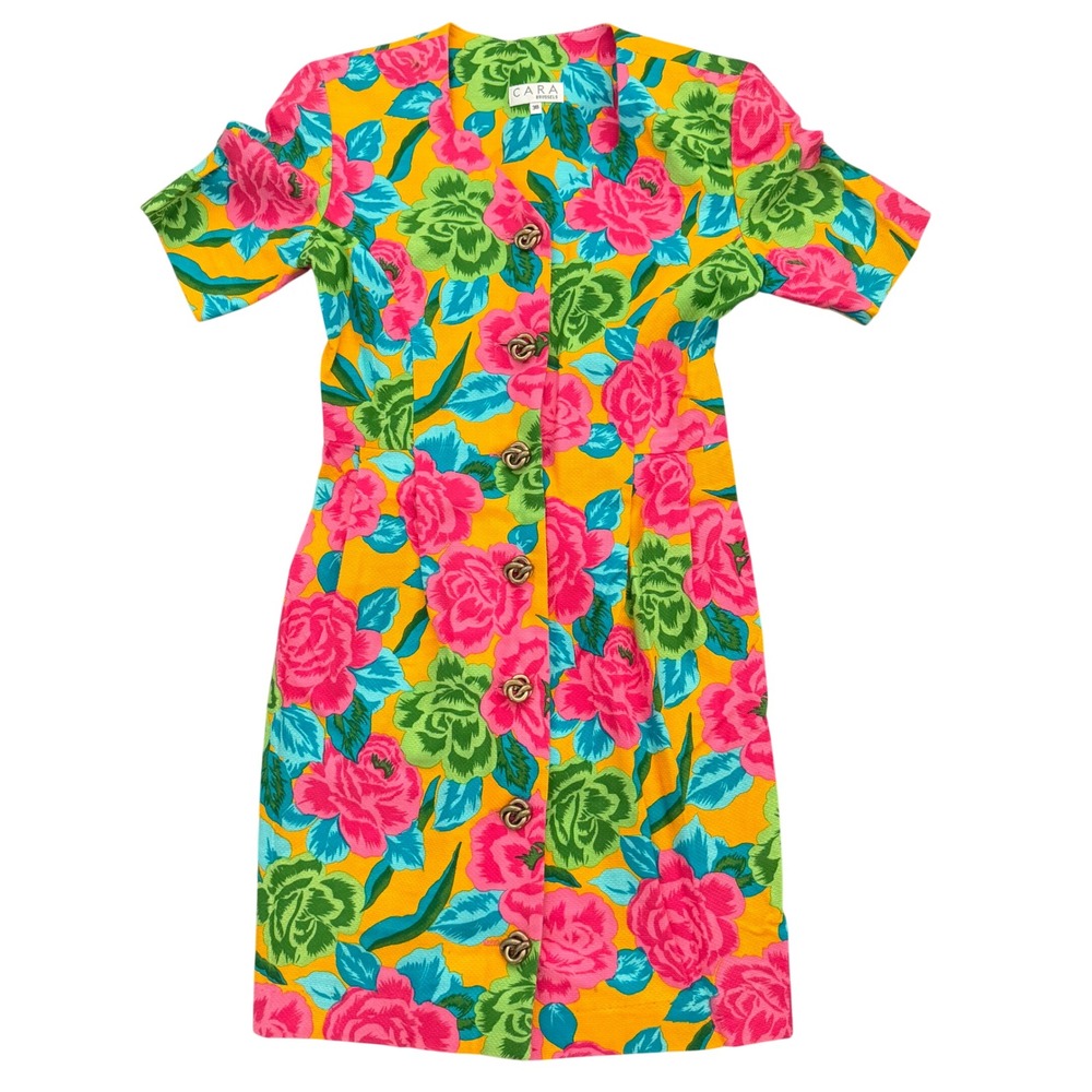 Vintage 80's Cara Brussels Hawaiian Floral Retro Midi Dress Size 38 (L) - Picture 1 of 6